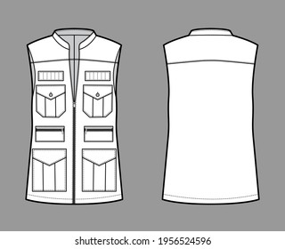 Safari vest waistcoat technical fashion illustration with sleeveless, stand collar, zip-up closure, pockets, oversized body. Flat template front, back, white color style. Women, men, unisex CAD mockup