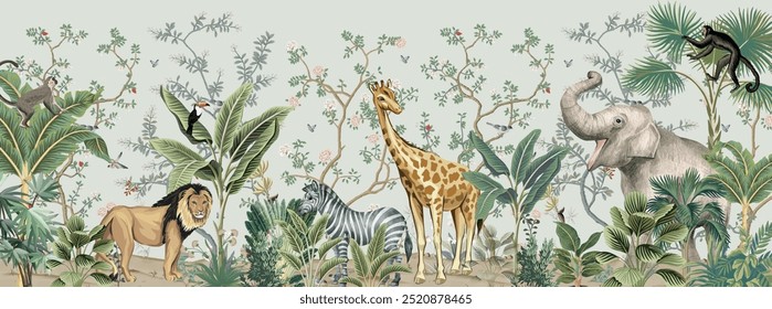 Safari wallpaper, Jungle Wall Mural, Kids Wall paper, Animals, Watercolor Background.