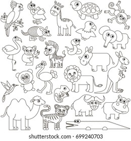 Safari Wild Animals elements set, collection of coloring book template, the group of outline digital elements vector illustration, kid game page.