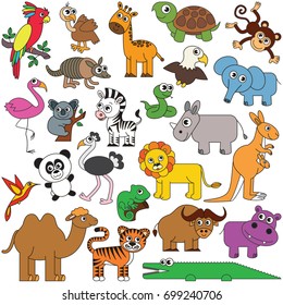 Safari Wild Animals elements set, collection of coloring book template, the group of outline digital elements vector illustration, kid game page.