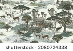 Safari Wild Animals Seamless Pattern, Hand drawn Wildlife Drawing, Antelopes and Cheetah in Desert Nature, Trees Landscape Wallpaper Design, Toile Vintage Illustration