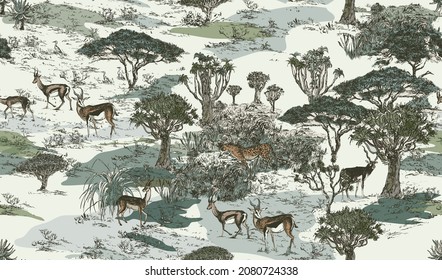 Safari Wild Animals Seamless Pattern, Hand drawn Wildlife Drawing, Antelopes and Cheetah in Desert Nature, Trees Landscape Wallpaper Design, Toile Vintage Illustration