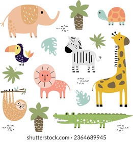 safari wild animals vector illustration for children. Elephant vector, crocodile, lion, turtle, cockatoo, giraffe kids illustration