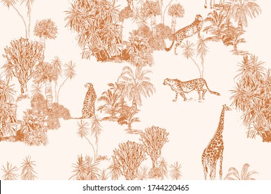 Safari Wildlife Cheetah, Giraffe in Exotic African Plants Engraving Doodle Drawing, Tropical Wallpaper Mural Toile Seamless Pattern on Pink Background, Hand Drawn Lithograph Textile Summer African 