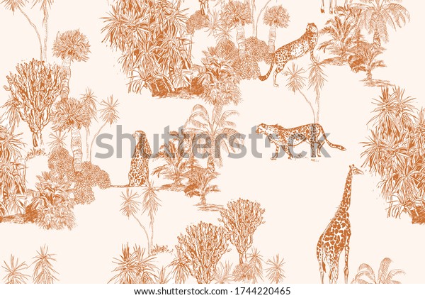 Safari Wildlife Cheetah, Giraffe in Exotic African\
Plants Engraving Doodle Drawing, Tropical Wallpaper Mural Toile\
Seamless Pattern on Pink Background, Hand Drawn Lithograph Textile\
Summer African 