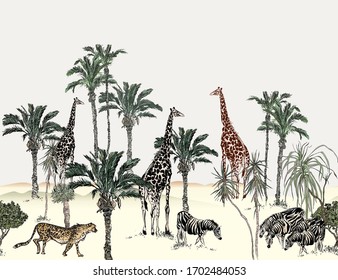 Safari Wildlife Seamless Border, Giraffe, Zebras, Cheetah in Tropical Plants Exotic Landscape Wallpaper Mural, Landscape Desert View, Africal Nature Wild Animals in Palms