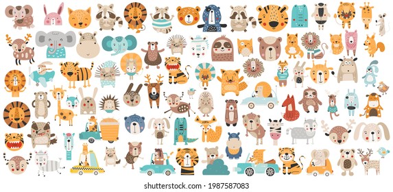 Safari Woodland Animals Clipart Isolated Set. Jungle Creatures Nursery Prints. Kids Vector Illustration.