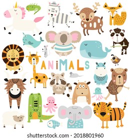 Safari woodland animals clipart isolated set. Jungle animals and sea creatures nursery prints. Kids vector illustration.