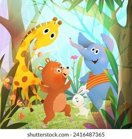 Safari or zoo animals dancing having fun among trees and nature. Elephant giraffe bear and bunny jumping and dancing in jungle. Vector cartoon illustration for children book.