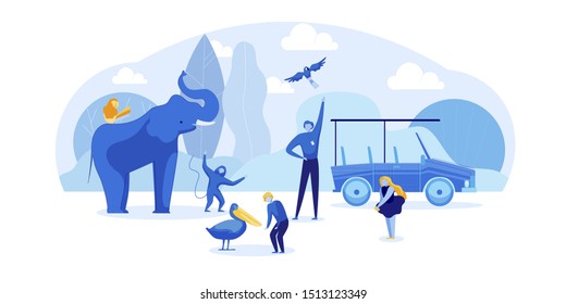 Safari Zoo Park Trip On Car For Children With Personal Guide. Man Shows Kids Beauty Of Savannah Wild World With Exotic Animals And Bird. African Jungle Travel. Cutout Cartoon. Vector Flat Illustration