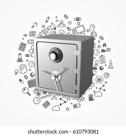 Safe 3d lock protection technology many icons, Vector illustration