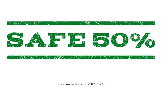 Safe 50 Percent watermark stamp. Text tag between horizontal parallel lines with grunge design style. Rubber seal stamp with scratched texture. Vector green color ink imprint on a white background.