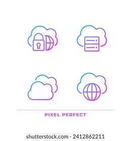 Safe access to cloud based storage pixel perfect gradient linear vector icons set. International communication. Thin line contour symbol designs bundle. Isolated outline illustrations collection