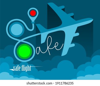 
Safe airplane flight concept design. Aviation safety and security text line footprint and airplane route, best vector illustration flight aerial line drawing