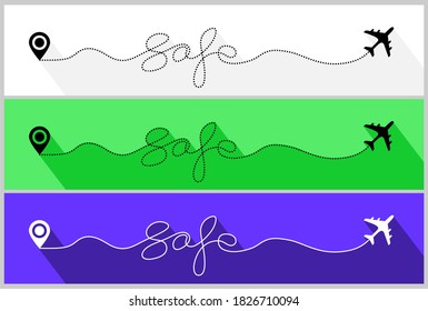 Safe airplane flight. Safety travel,  safety flight. "Safe" text dashed line trace and plane routes. safety airplane path, flight air dotted safe flight drawing best vector illustration