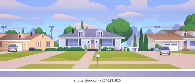 Safe area with private neighborhood houses. Sunny downtown street landscape. Flat vector illustration