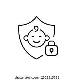 Safe baby zone. Shield, infant face and lock. Security for toddlers. Pixel perfect vector icon