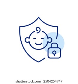 Safe baby zone. Shield, infant face and lock. Security for toddlers. Pixel perfect, editable stroke icon