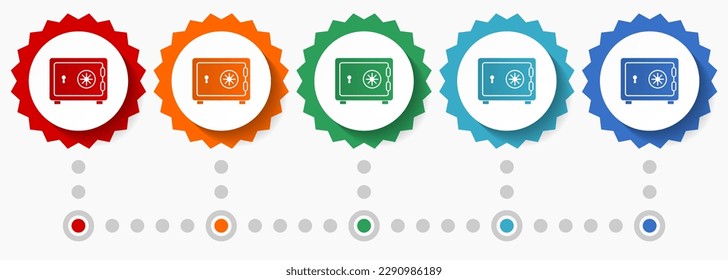 Safe, bank, business vector icon set, colorful infographic template, set of flat design badge icons in 5 color options