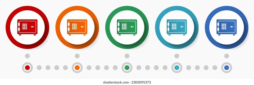 Safe, bank concept vector icon set, infographic template, flat design colorful web buttons in 5 color options
