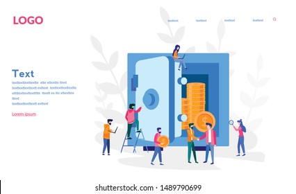 Safe And Bank Workers, Bank, Dollars In A Deposit Box. Money Saving Dollar Coins. Cash Protection. Vector Illustration For Web Banner, Infographics, Mobile Website. Landing Page Template. Safe Deposit