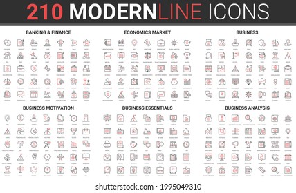 Safe banking and finance, economy stock market thin red black line icon vector illustration set. Outline symbols for business essential, motivation, analysis analytics of business financial operation