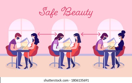 Safe Beauty. Social Distance In Nail Salons. Manicure During Coronavirus Pandemic. COVID-19 Prevention In Public Places. Manicurists Serve Clients, Wearing Masks And Keeping Distance. New Normal