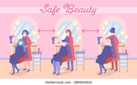 Safe Beauty. Social distance in beauty salons. Maintain service during coronavirus pandemic. COVID-19 prevention in public places. Hairdressers cut clients wearing masks and keep distance. New normal