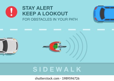 Safe bicycle driving tips and rule. Stay alert and keep lookout for obstacles in your path. Top view of a traffic flow and cyclist on a bicycle. Flat vector illustration template.