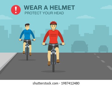 Safe bicycle driving tips and rules. Wear your helmet to protect your head safety warning. Front view of cycling bike riders. Flat vector illustration template. 