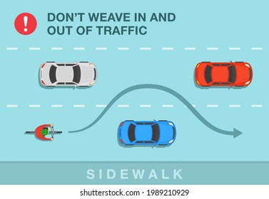 Safe bicycle driving tips and rules. Do not weave in and out of traffic. Top view of a sedan cars and cyclist on a bicycle. Flat vector illustration template.