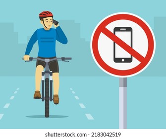 Safe bicycle riding. Close-up view of "No phones" sign. Isolated front view of a cyclist talking on the phone while cycling. Flat vector illustration template.