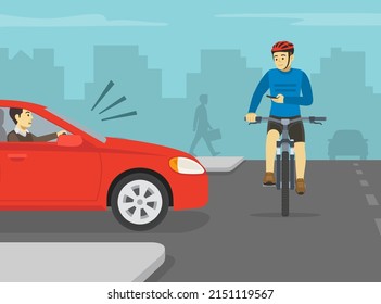 Safe bicycle riding. Cyclist is about to be hit by red sedan car while looking at phone on city road. Using a mobile phone while bicycle riding. Flat vector illustration template.