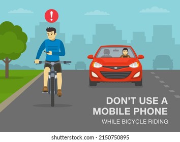 Normas y consejos seguros para montar en bicicleta. No use un teléfono móvil mientras se monta en bicicleta. Vista frontal de un ciclista mirando el teléfono mientras va en bicicleta por la carretera de la ciudad. Plantilla de ilustración vectorial plana.