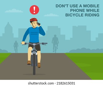 Normas y consejos seguros para montar en bicicleta. No use un teléfono móvil mientras se monta en bicicleta. Vista frontal de un ciclista hablando por teléfono mientras va en bicicleta por la carretera de la ciudad. Plantilla de ilustración vectorial plana.