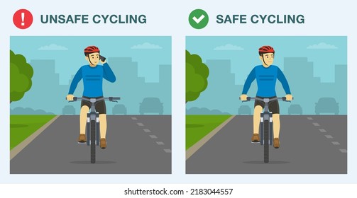 Safe bicycle riding rules and tips. Unsafe and safe bicycle riding on road. Front view of a cyclist calling phone while bicycle riding. Flat vector illustration template.