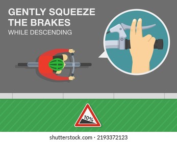 Sicheres Fahrradfahren Regeln und Tipps. Drücken Sie die Bremsen vorsichtig herab. Draufsicht auf einen Radfahrer auf der Abfahrt. Nahaufnahme einer Handbremse. Flache Vektorgrafik-Vorlage.