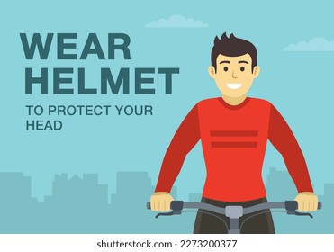 Normas y consejos seguros para montar en bicicleta. Usa casco para proteger tu aviso de cabeza. Vista frontal de un ciclista sin protección. Plantilla de ilustración vectorial plana.