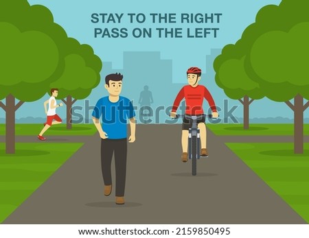 Safe bicycle riding rules and tips. Stay to the right, pass on the left. Front view of cyclist and pedestrian on a walking trail. Flat vector illustration template.
