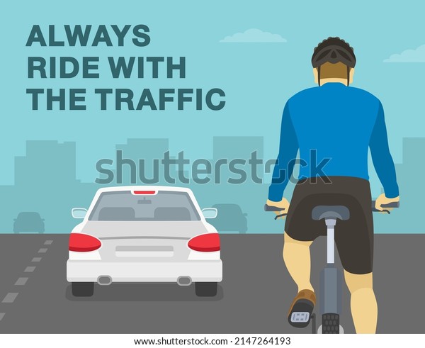 Safe bicycle riding rules and tips. Close-up\
back view of a cyclist on a city road. Always ride with the\
traffic. Flat vector illustration\
template.