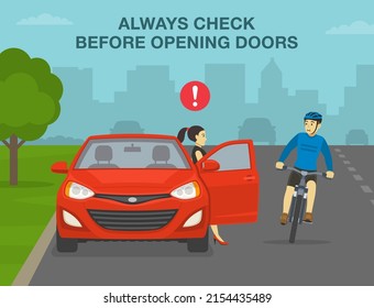 Safe bicycle riding rules and traffic regulation. Avoid the door zone. Always check before opening doors. Female driver opens car door in front of scared cyclist. Flat vector illustration template.