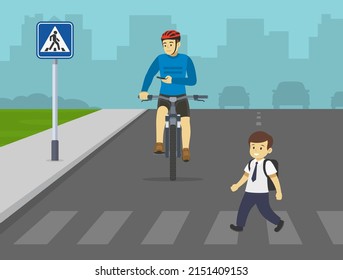 Safe bicycle riding and safety pedestrian rules. Cyclist is about to hit schoolboy while looking at phone on city road. Young boy crossing the road on crosswalk. Flat vector illustration template.