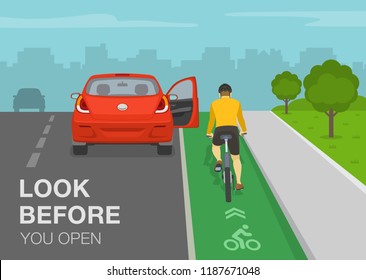 Safe bicycle riding tips and rules. Dangerous situation on bike lane. Passenger opens car door in front of cyclist. Look before you open. Flat vector illustration template.