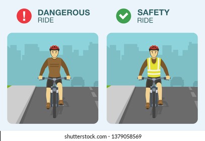 Peligroso y seguro viaje en bicicleta por carretera. El ciclista lleva chaleco o chaleco de seguridad.  Ilustración vectorial plana.