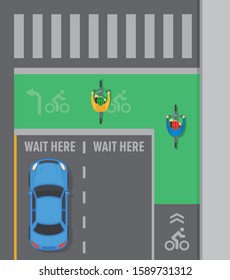 Safe bicycle riding tips and rules. Bike lane and colorful cycling zone. Street bike box. Top view. Flat vector illustration template.