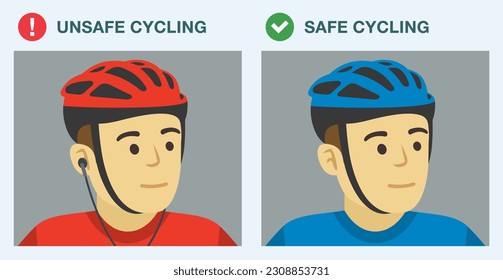 Normas y consejos seguros para montar en bicicleta. Primer plano de los ciclistas escuchando música mientras conducen. No aplique tapones para los oídos. Plantilla de ilustración vectorial plana.