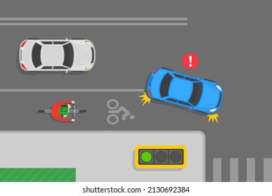 Safe bicycle riding tips and traffic regulation rules. Blue sedan car is turning right in front of cyclist on crossroad. Do not cross or occupy bike lane. Flat vector illustration template.