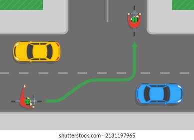 Safe bicycle riding tips and traffic regulation rules. How to turn left on T-junction road. Cyclist showing left turn gesture or signal with his hand. Flat vector illustration template. 