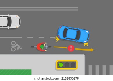 Safe bicycle riding tips and traffic regulation rules. Blue sedan car is turning right in front of cyclist on crossroad. Avoid passing cars on the right. Flat vector illustration template.