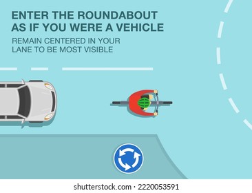 Consejos seguros para el transporte en bicicleta y normas de regulación del tráfico. Prioridad dentro de la rotonda. Introduzca la rotonda como si fuera un vehículo. Vista superior de un ciclista en la carretera. Plantilla de ilustración vectorial plana.